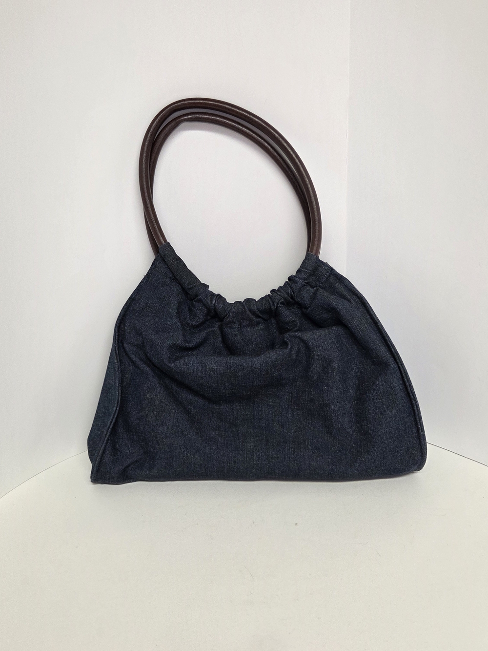 Dark Blue Denim Handbag Brown Oval Handles Gathered Top Boho Purse #0442